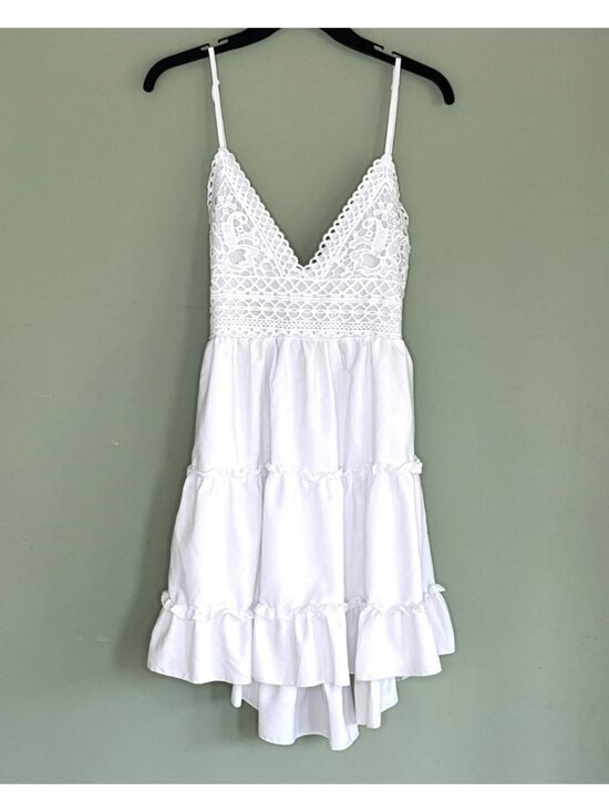 Unbranded Dresses & Skirts - Mini Dress sz L Babydoll Beachy Wedding Coquette Lace Tiered Ruffled Hi Lo White